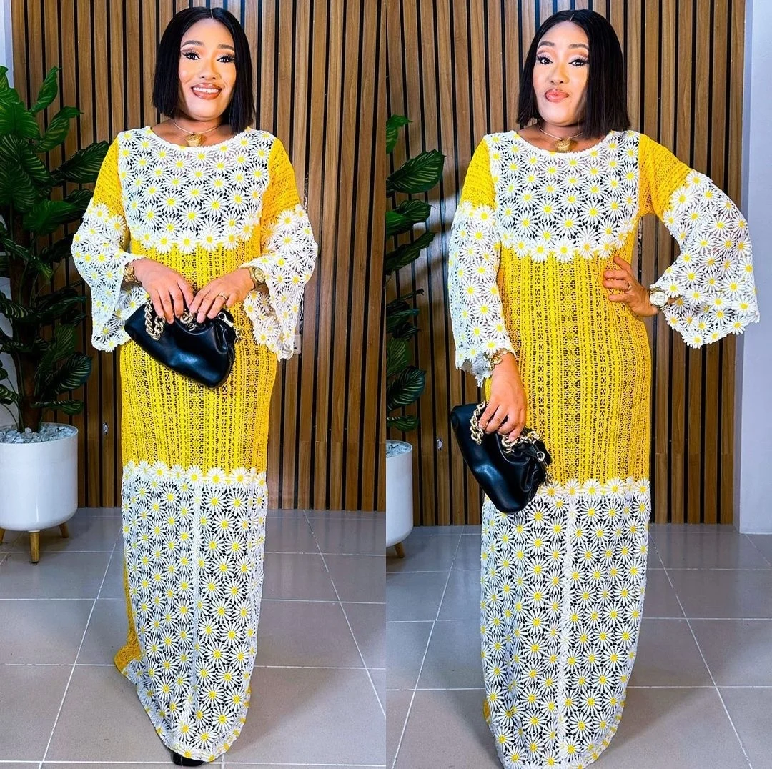 

2023 Африканское свободное облегающее платье большого размера, женские модные кружевные длинные платья с вышивкой, повседневные женские комплекты из двух предметов