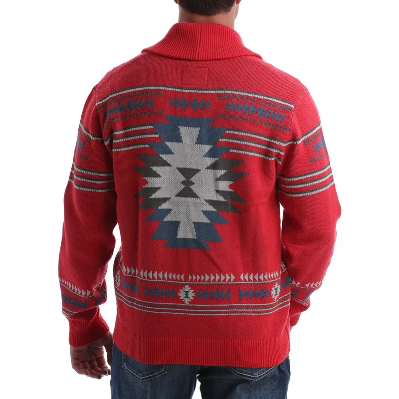 Men's Fashion Long-sleeved Single-breasted Jacquard Sweater Spring and Autumn Red Cardigan Lapel Knitted Jacket Man Coat