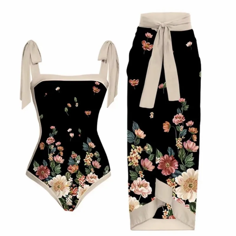 

One Piece Swimsuit Bikini with Skirt Swimwear Summer Women Bowknot Cover Up 2023 New Luxury Elegant Brazilian Beach Bathing Suit