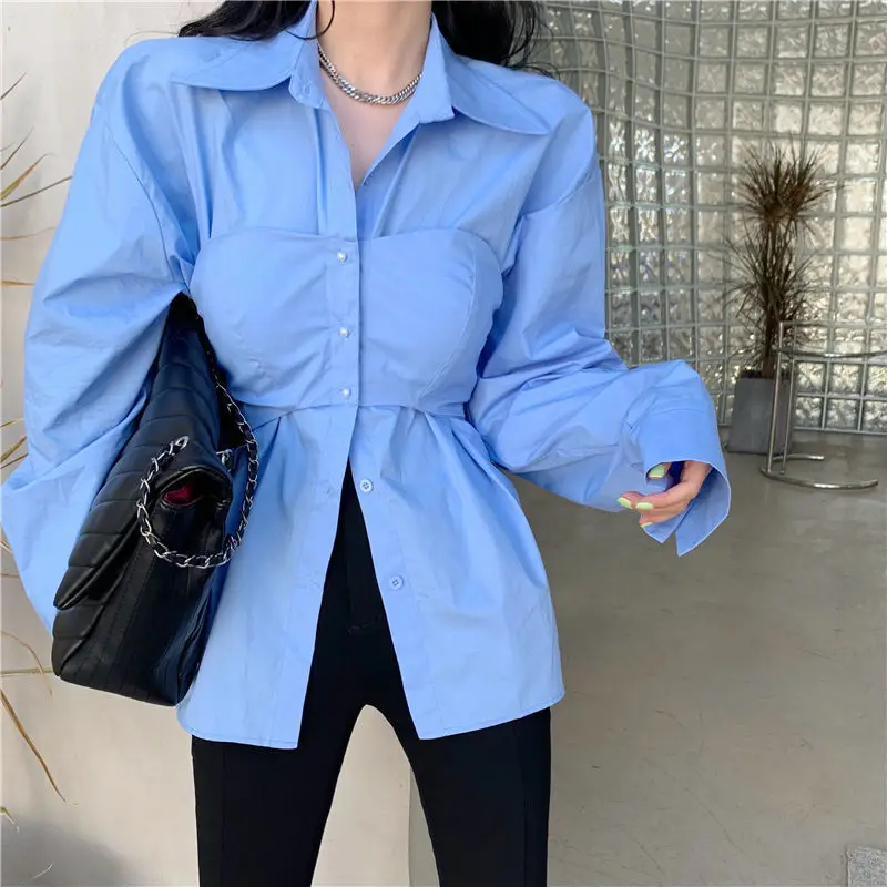 

2022 Summer Autumn Top Female Shirts Women's Blouses Long Sleeve Chic Single Breasted Lady Blouse Slim Designer Irregular J15