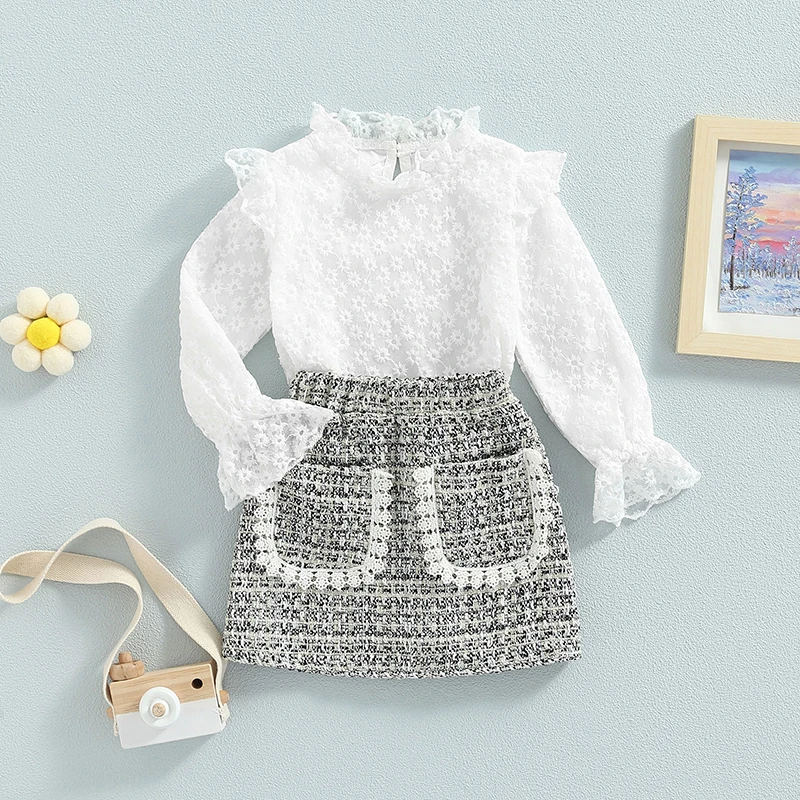 

Kid Baby Girl Short Skirt Outfits Long Sleeve Jacquard Flower Pattern Tops + Elastic Waist Skirts 2Pcs Set 1-6T