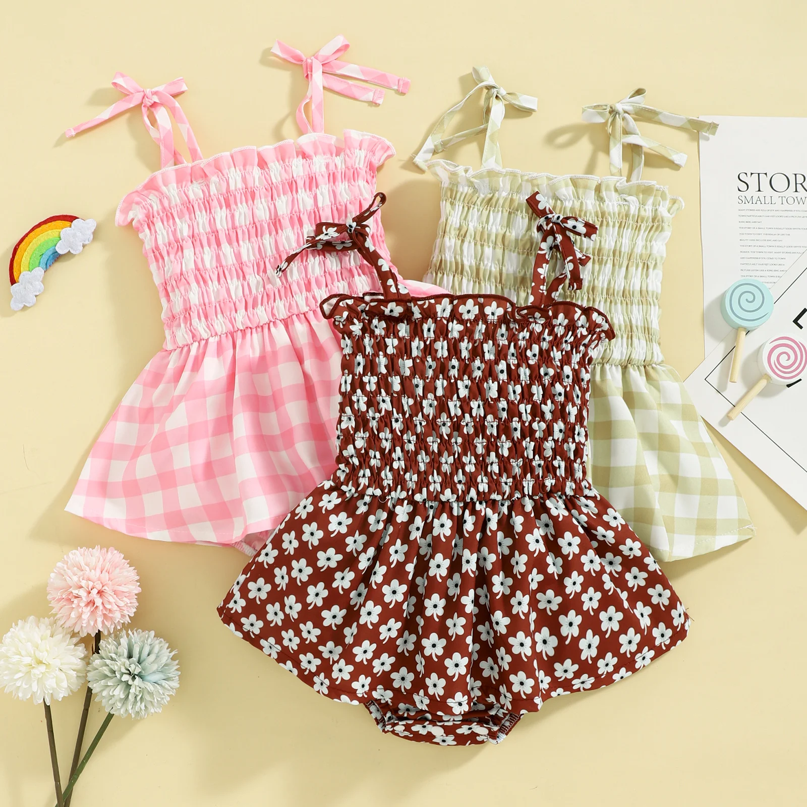 

Infant Baby Girls Clothing Cotton Ruffle Bodysuit Dress Spaghetti Strap Tie-Up Sleeveless Ruched Plaid Printed Summer Jumpsuit