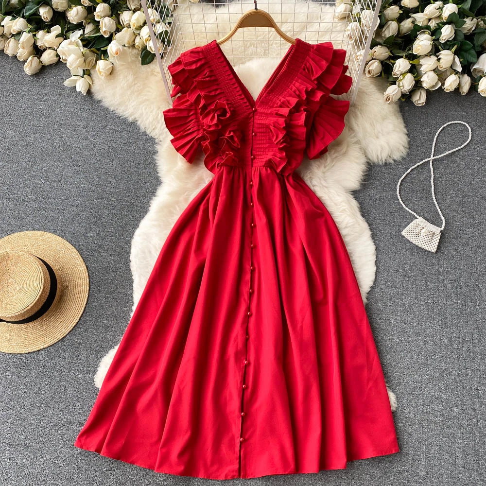 

Clothland Women Chic Ruffled Midi Vestido V Neck Sleeveless Red Black One Piece Summer Vintage Vestidos WA74