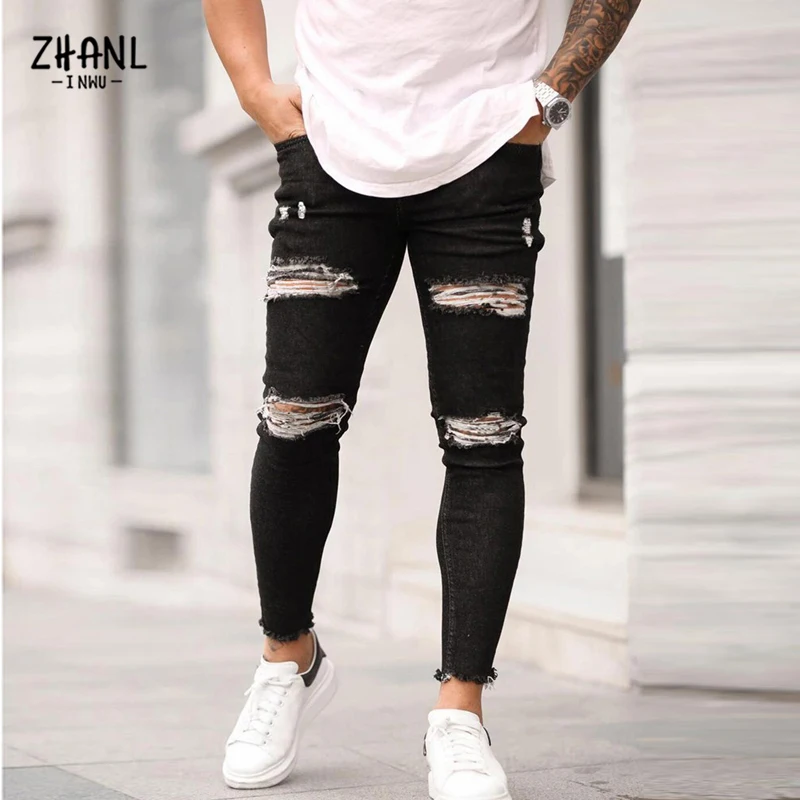 Casual Men's Jeans Street Men's Jeans Fashion Casual Perforated Pants Men Four Season Blue New Motorcycle Pencil Pants Men Slim