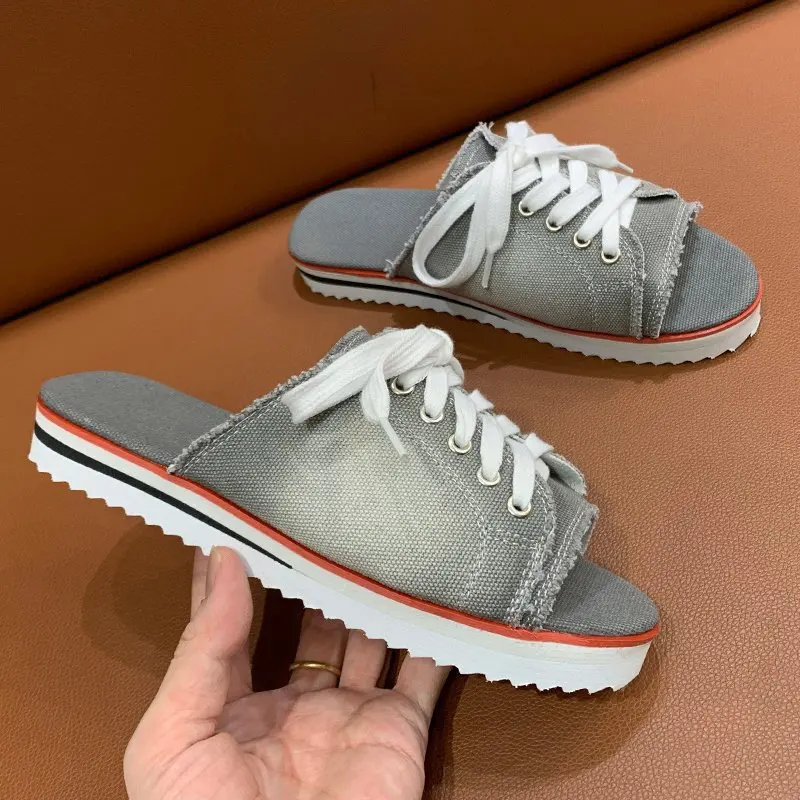 

European and American Large Size Lace-up Denim Round Head Flat Slippers Women's Summer New Fashion Casual Sandals and Slippers