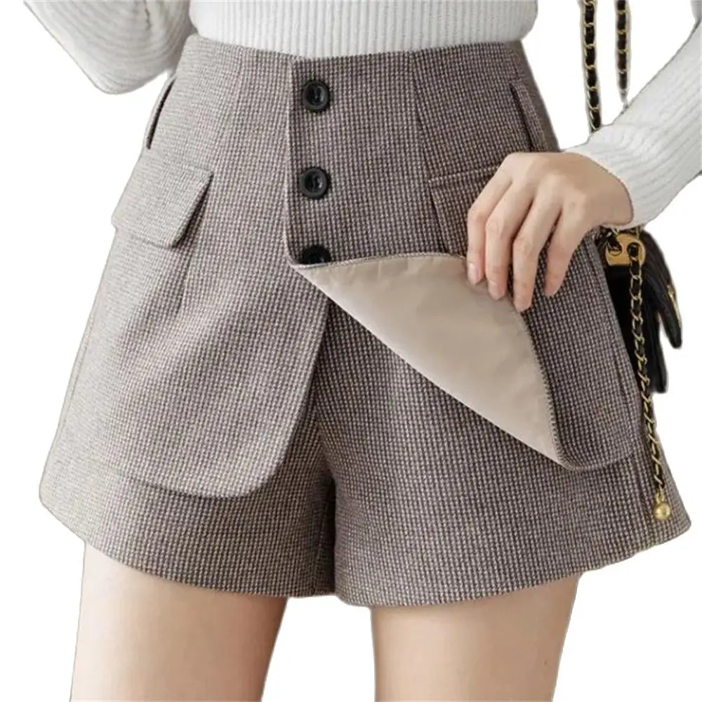 

High Waisted Loose Wide Leg Shorts Ol Chores Para Mujer Fake Two Short Pants Scanties Autumn Houndstooth Woolen Shorts Women