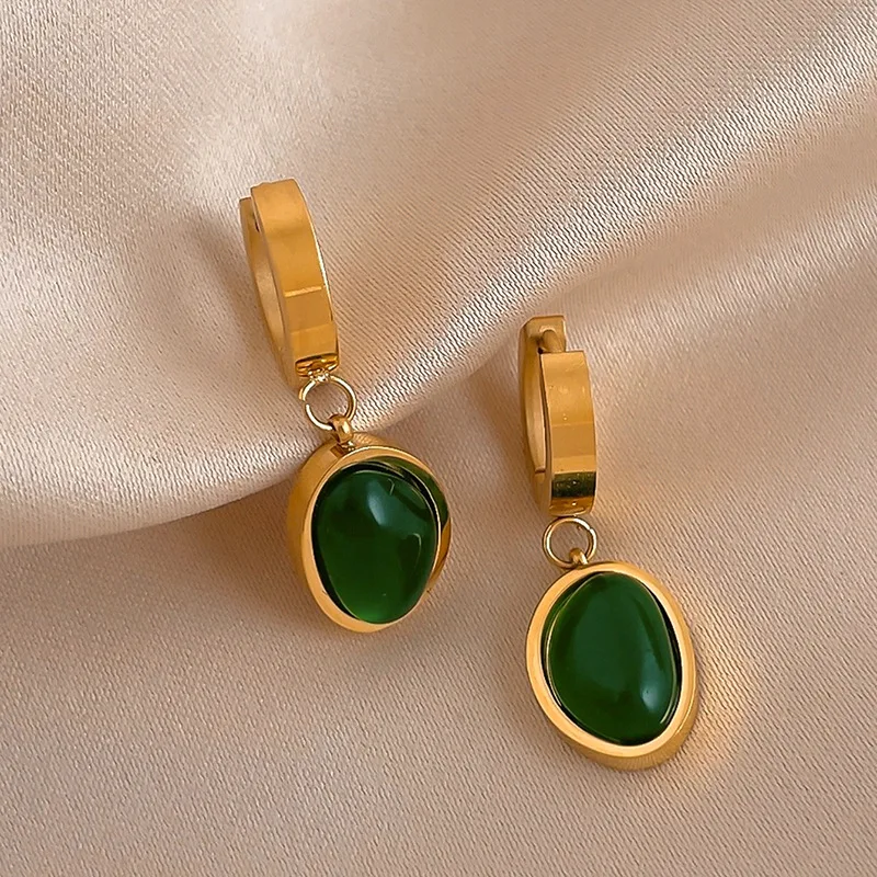 

European and American Women Emerald Resin Titanium Steel Oval Ear Clip Earrings Metal Earrings