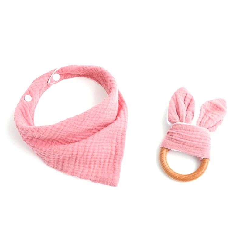 

Q1FE 2 Pcs/Set Baby Bib Wooden Ring Teether Muslin Saliva Towel Burp Cloth Triangular Scarf Molar Teething Toy