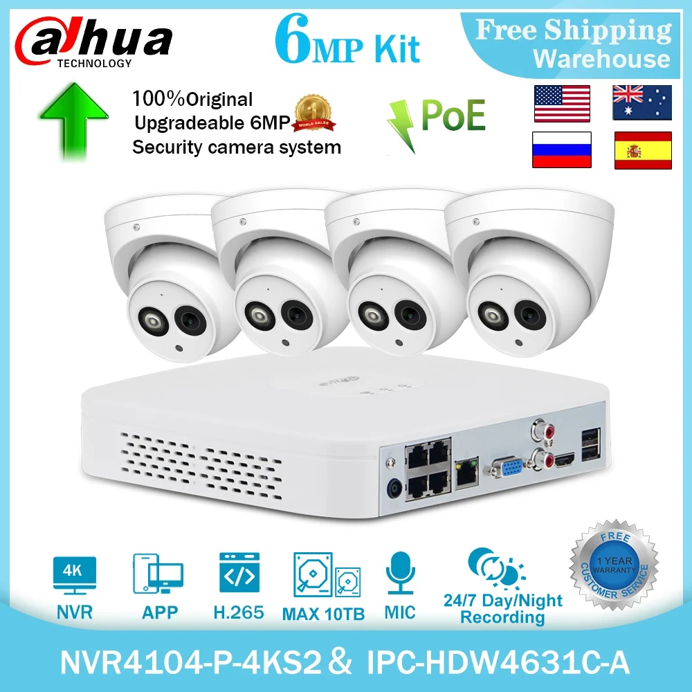 

Dahua 4K Surveillance 4CH 8CH POE IP Camera Kit 6MP IPC-HDW4631C-A NVR4104-P-4KS2 Mic H.265 CCTV Video Recorder Security System