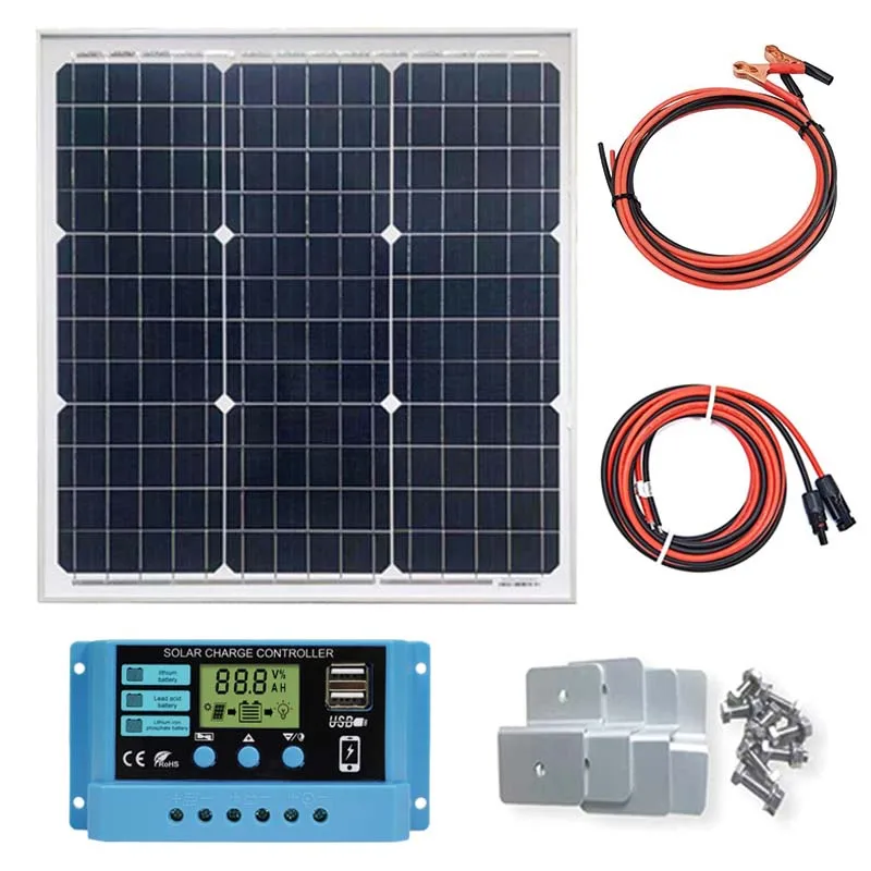 

50 W 12 V Monocrystalline Solar Panel Kit with 30A PWM Charge Controller for Outdoor RV Boat Trailer Camper Marine Off-Grid Home