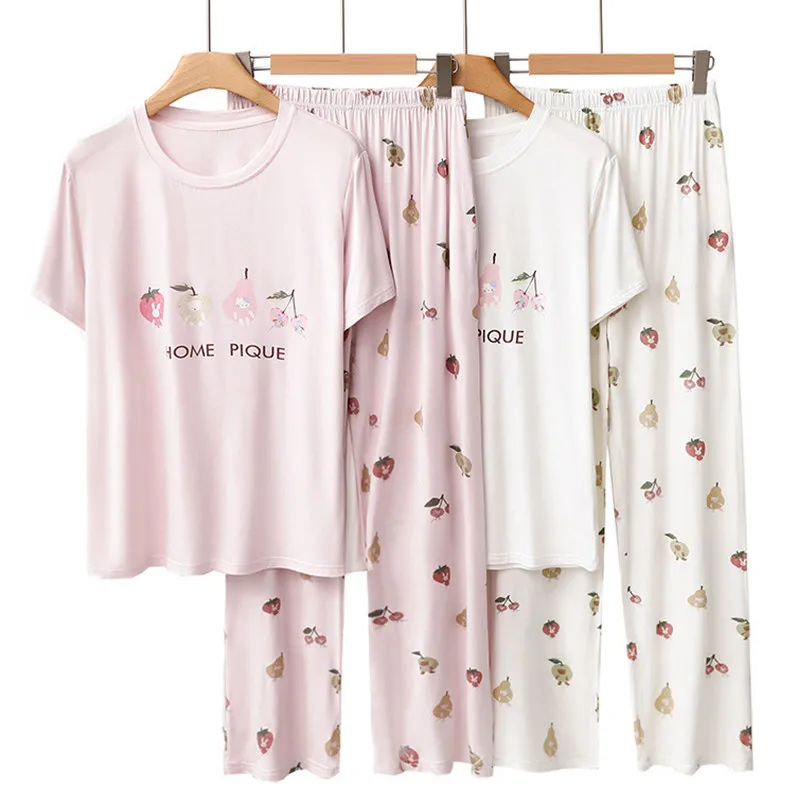 

Fdfklak Fruit Print Spring Summer New Modal Pajamas Women Loose Casual Short-Sleeved Trousers Set Cartoon Home Suit Female