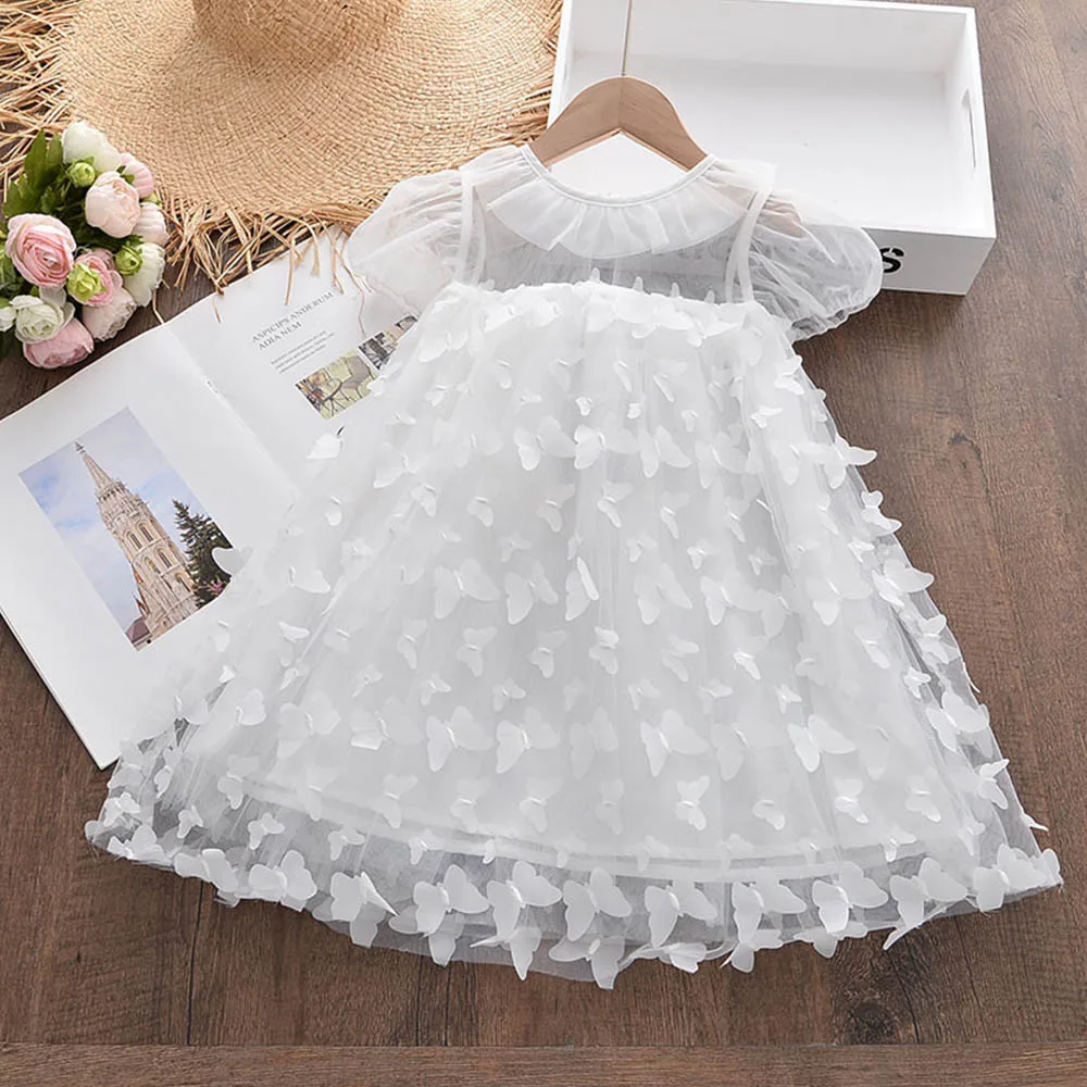 

Cute 3D Butterfly Girls Princess Dresses 2022 Summer Sweet Kids Lace Flower Round Neck Mesh Princess Dress 3-8Years Baby Clothes
