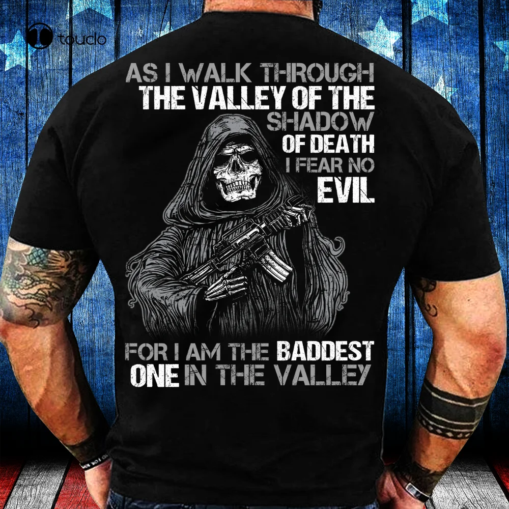 

New Skull T-Shirt Backside Death Gun As I Walk Through The Valley Gift Shirt Cotton T Shirt Unisex Fashion Tshirt Summer Xs-5Xl
