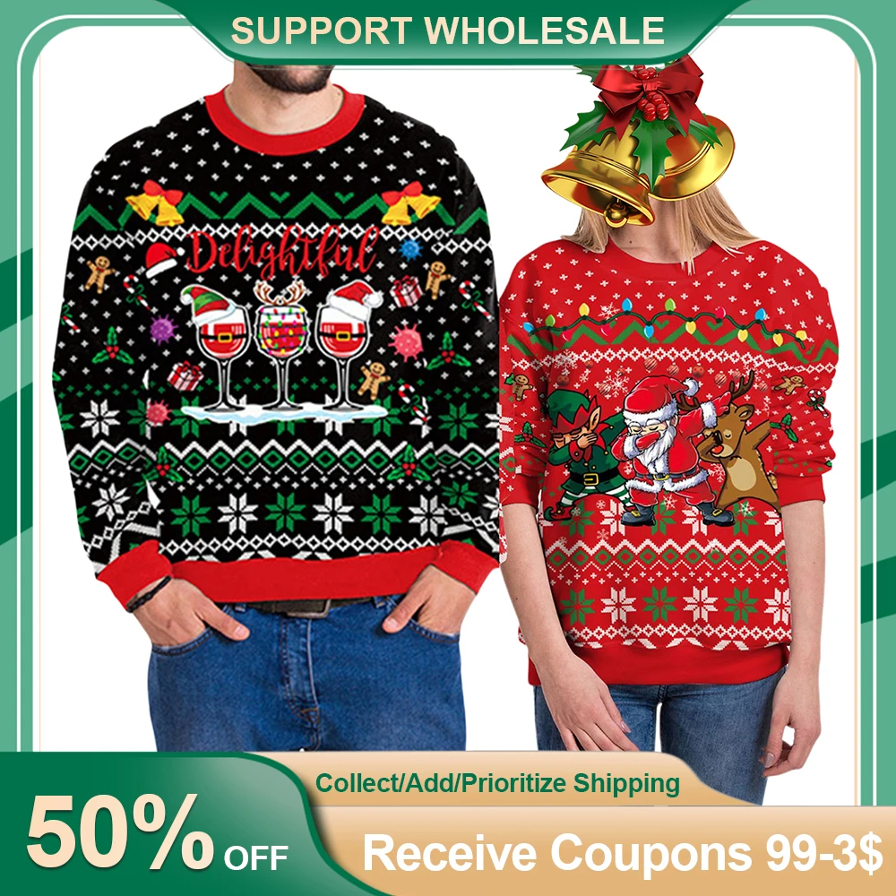 

Elk Wine Cup Pattern Crochet Pullovers Top Crew Neck Women Men Knitwear Sweater Loose Fit Sexy Christmas Style Streetwear Suit