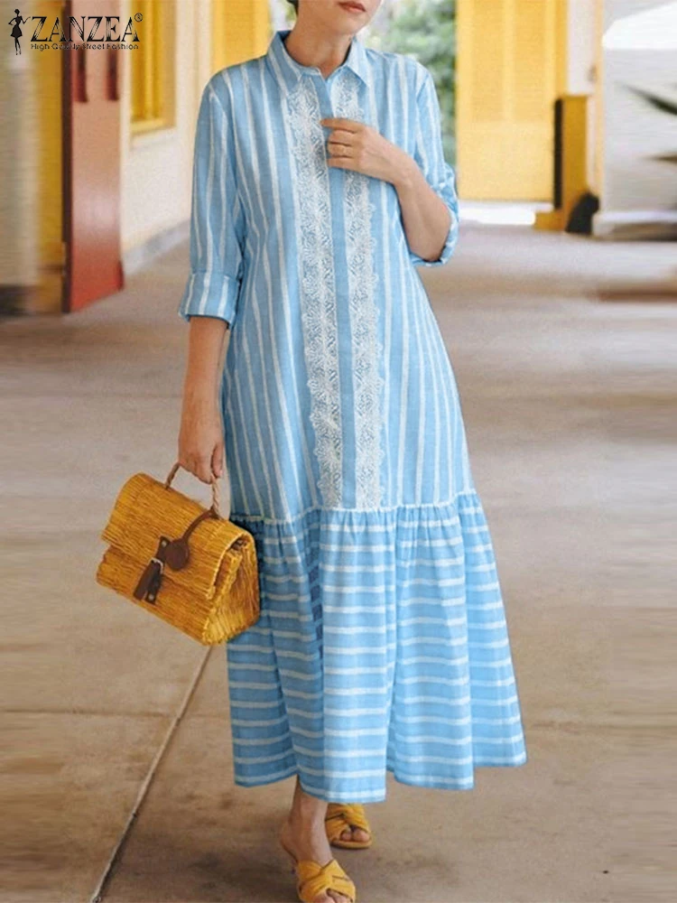 ZANZEA женские кружевные швы модное платье макси с воротником лацканами осень 2024