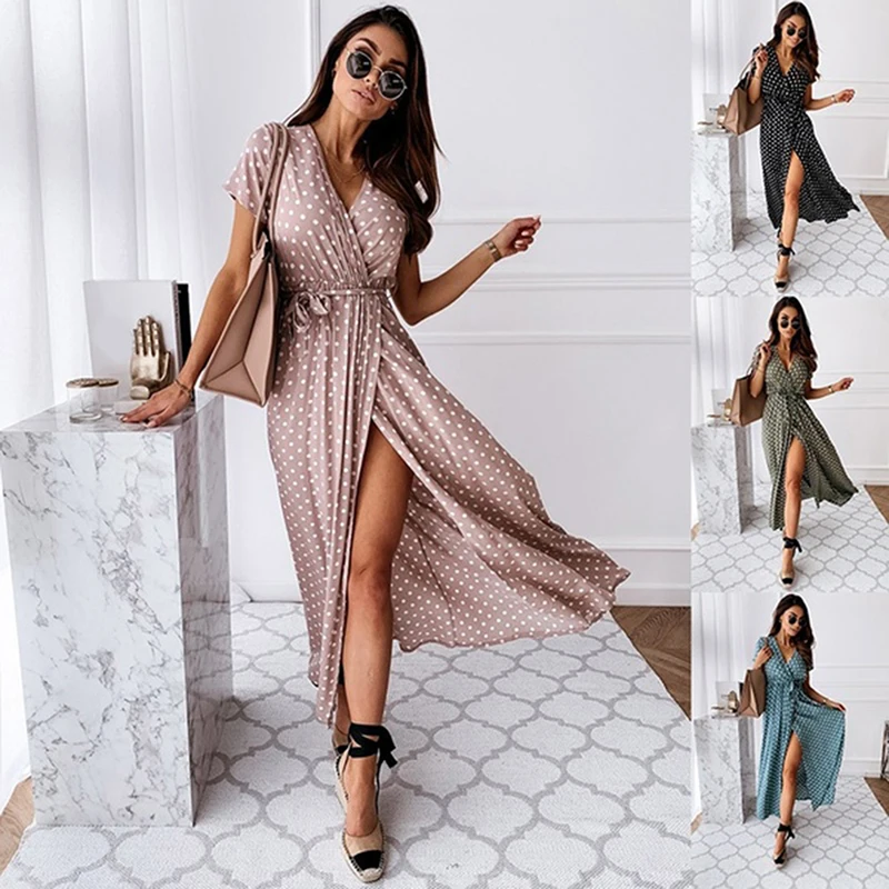 

Boho Polka Dot Long Dresses Women Split Short Sleeve Summer Casual Dress 2020 Streetwear Black Maxi Dress Vestidos