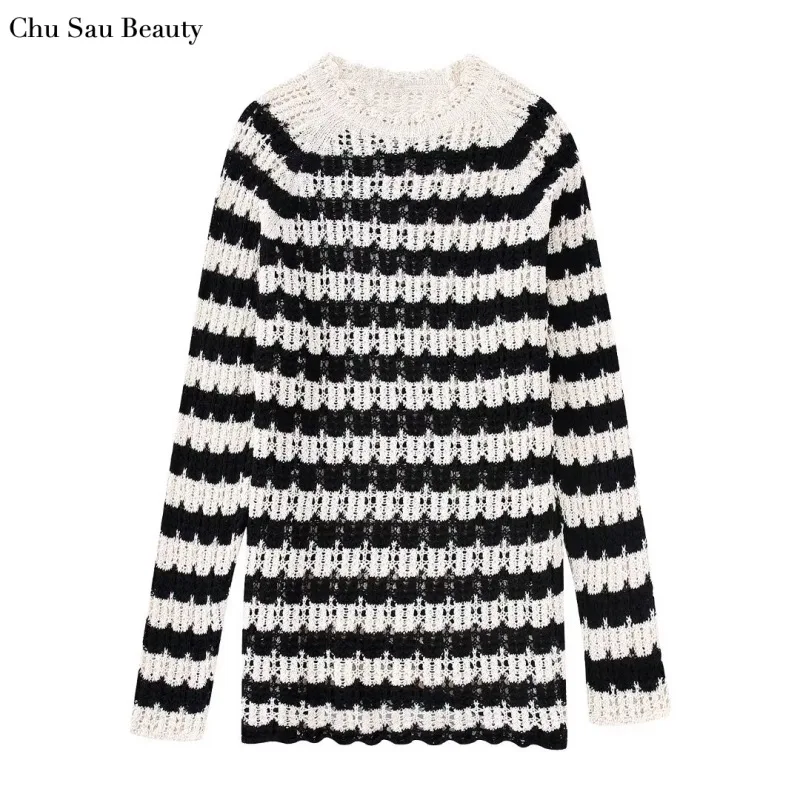 

Женский полосатый вязаный свитер Za, повседневный свободный свитер средней длины с круглым вырезом и длинным рукавом, 2022