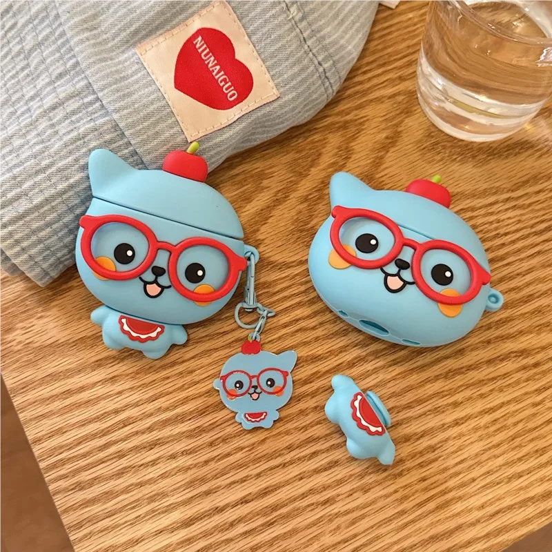 Фото Чехол для наушников Qoo с 3D-рисунком и брелоком для AirPods 3/4-го поколения, AirPods Pro 1/2/3-го поколения, милый силиконовый чехол с очками Apple №2