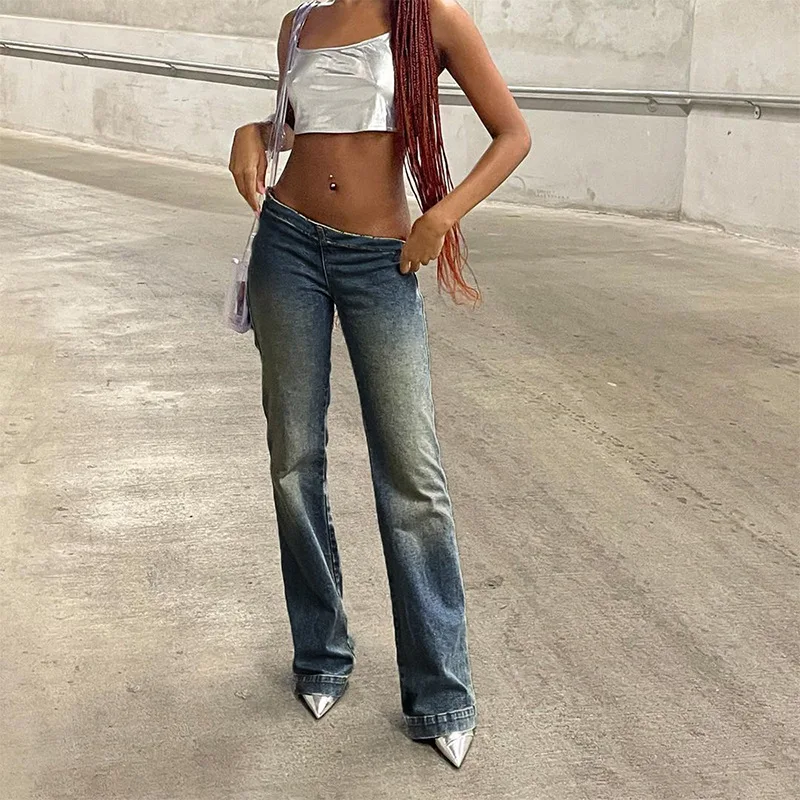 

Gtpdpllt Fashion Irregular Low Waist Straight Jeans For Women Blue Denim Pants Y2k Streetwear Ladies Jeans 90s Vintage Trousers