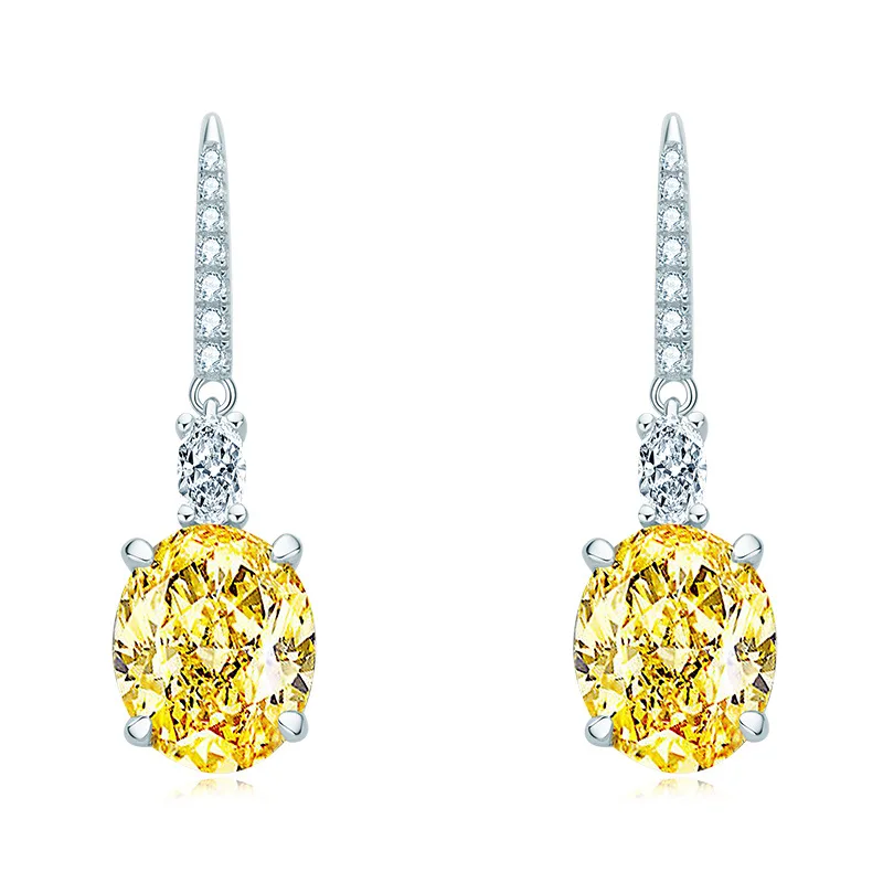 

925 Sterling Silver High Carbon Diamond Earrings Shiny Yellow Diamonds 9*11mm Oval Drop Earrings Anniversary Gift