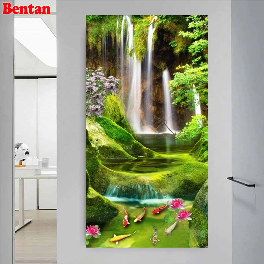 

Full Square Circular Diamond Painting Mountain waterfalls lotus carp Mosaic Rhinestones Cross Stitch Embroidery Full Display 5D