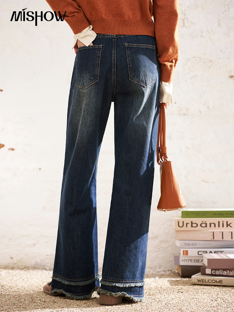 o wysokiej talii dżinsy retro dla kobiet 2024 wiosenny brzeg dwuwarstwowe kieszenie z surowymi krawędziami kobiece luźne spodnie szerokimi