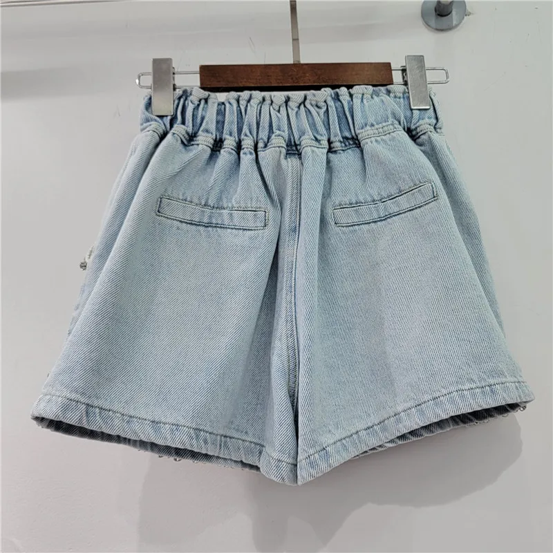 Fashion Heavy Industry Beads High Waist Shorts Slimming Wide-Leg Casual Loose Shorts High Street Style Denim Shorts for Women