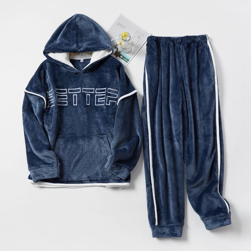 2021 New Hooded Flannel Men's Pajama Pants 2 Pieces/Set Winter Thick Warm Sleepwear For Couples Casual Loose Home Costumes Set