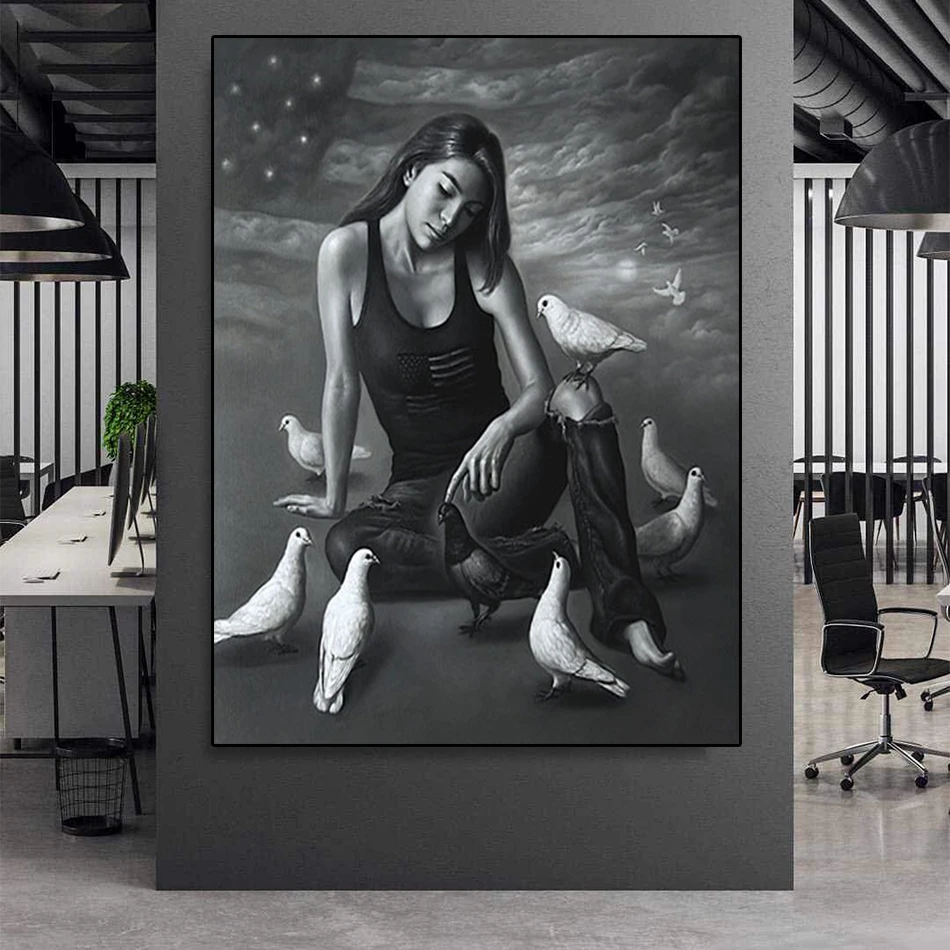 

Black and White Wall Art Canvas Painting Abstract Hesitant Woman and Dove Posters for Living Room Decoration HD Pictures Artwork