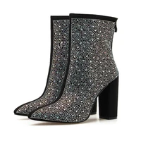 women elegant ankle boots pu rhinestone pointed toe thick heel back zipper fashion banquet party everyday women shoes kc173