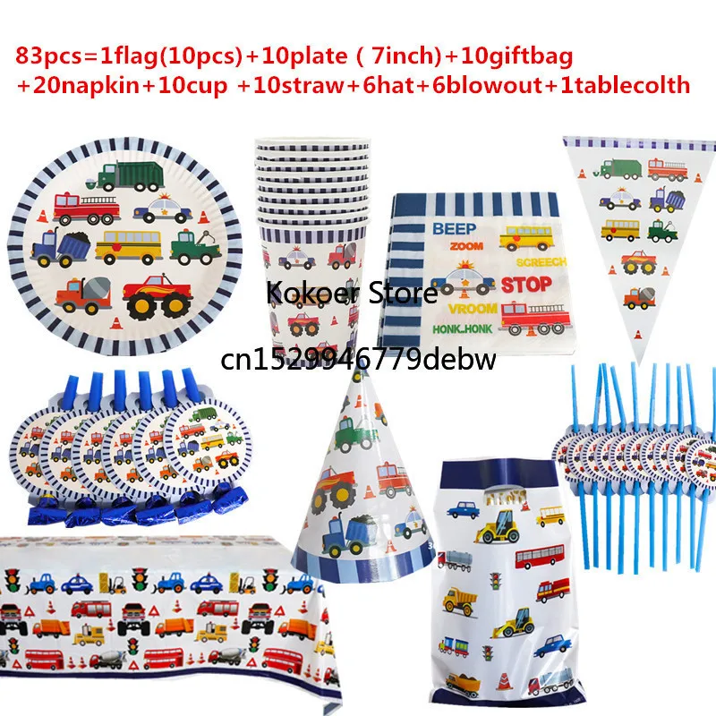 

Cars Fire Truck Engineering vehicle Theme Birthday Kids Party Supplies Disposable Tableware set Banner Paper Plate Cup Decora