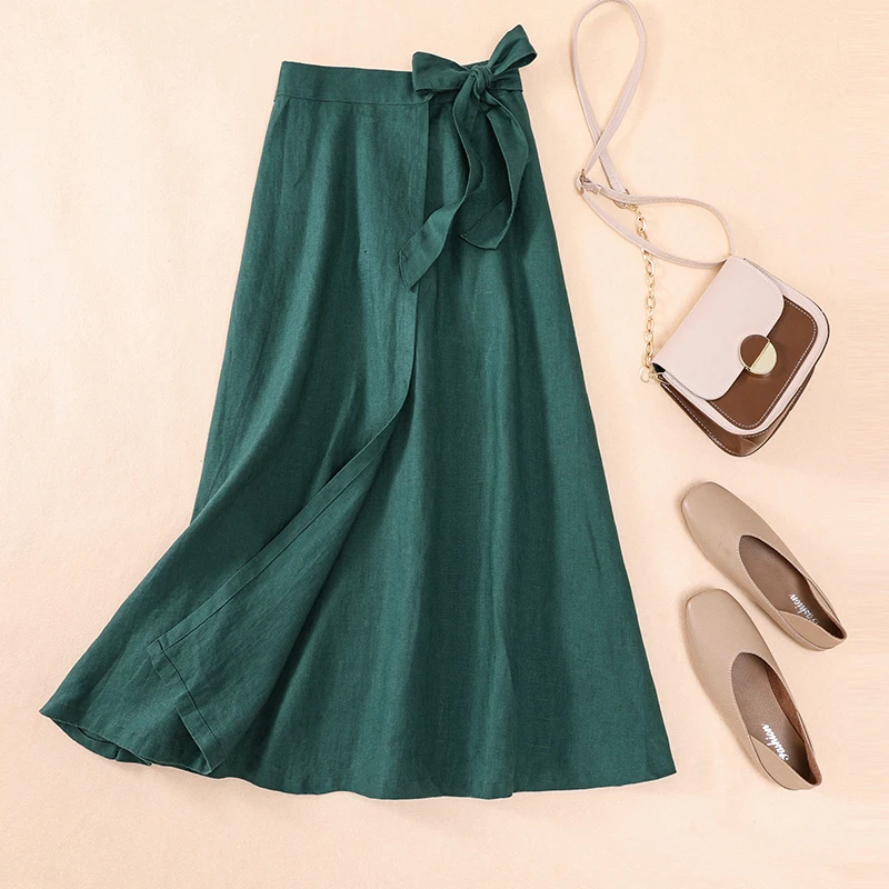 

Limiguyue Cotton Linen Midi Skirts Side Lace Up Skirt Women Causal Elastic High Waist A-Line Wrap Skirt Loose One Piece J175