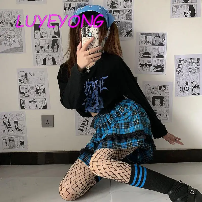 Корейская мода Y2k Милая клетчатая кружевная короткая юбка с эластичной талией