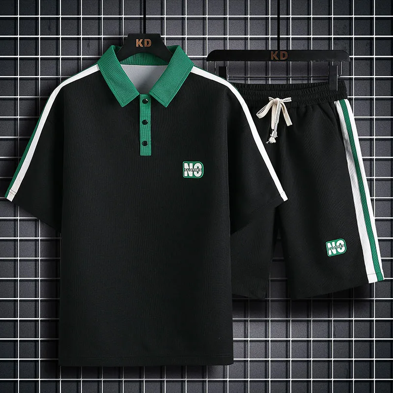 Summer Waffle Men's Sport Suit Summer Casual Polo Shirt Short Sleeve Shorts Fashion Brand Men's Clothing 2023 New
