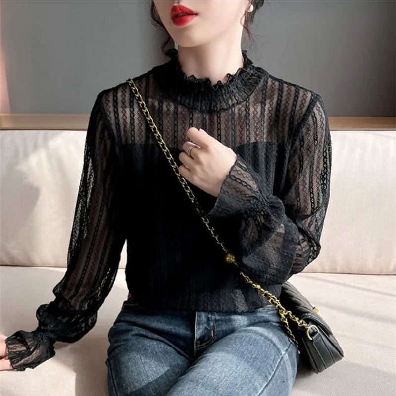 

Женская блузка с длинным рукавом и кружевом, осенняя белая блузка с высоким воротником и оборками