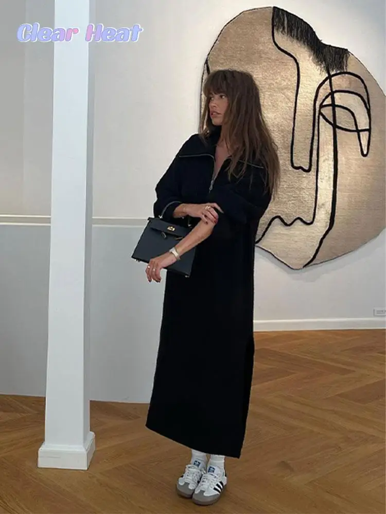 

Женские модные черные платья на молнии с разрезом, элегантное шикарное платье с отложным воротником и длинным рукавом, Осень-зима 2023, женские платья в стиле High Street