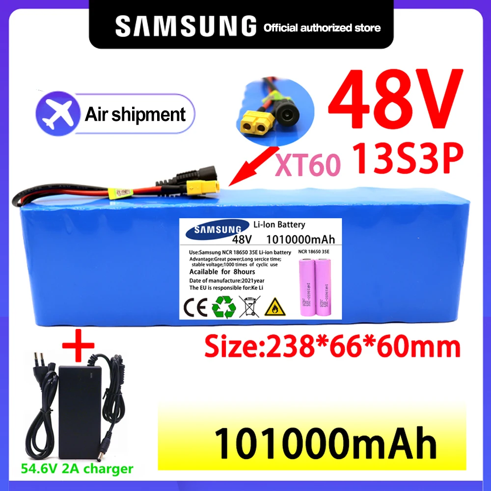 

Мощный литий-ионный аккумулятор 48 В 101000 мАч 1000 Вт 13S3P XT60 101Ah для скутера электрического велосипеда 54,6 в с зарядным устройством BMS