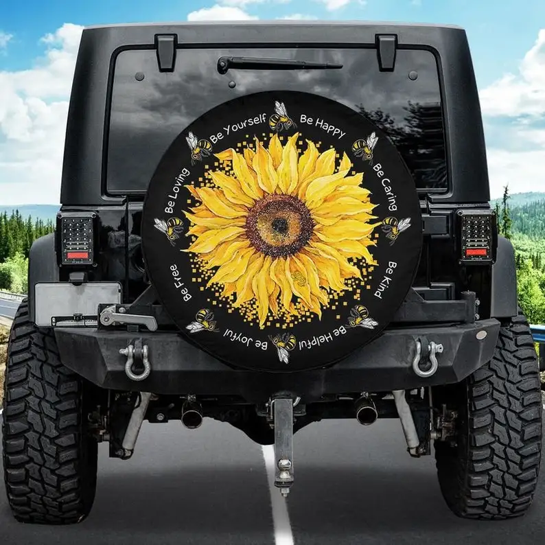 

Sunflower Spare Tire Cover, Be Yourself Be Caring Wheel Cover, Positive Quote Wheel Cover Fbmh111006