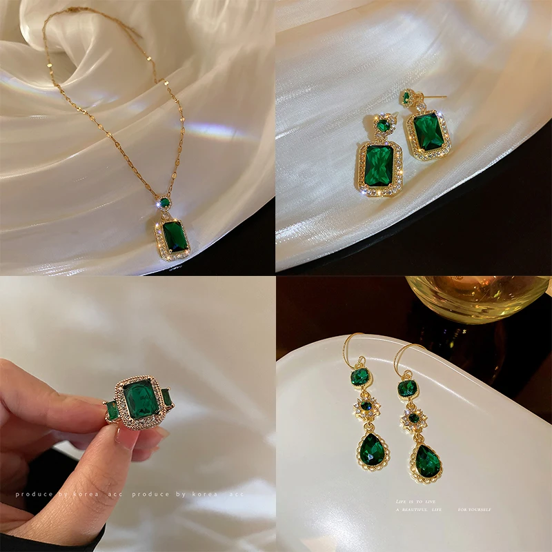 

Luxury Emerald Rhinestone Pendant Necklace for Women Cube Square CZ Necklace Crystal Jewelry