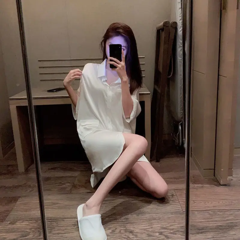 Shirt Women's Draping Effect Nightdress Spring and Summer Ice Silk Thin Style White Shirt Mid-Length Silk-like Pajamas Underwear