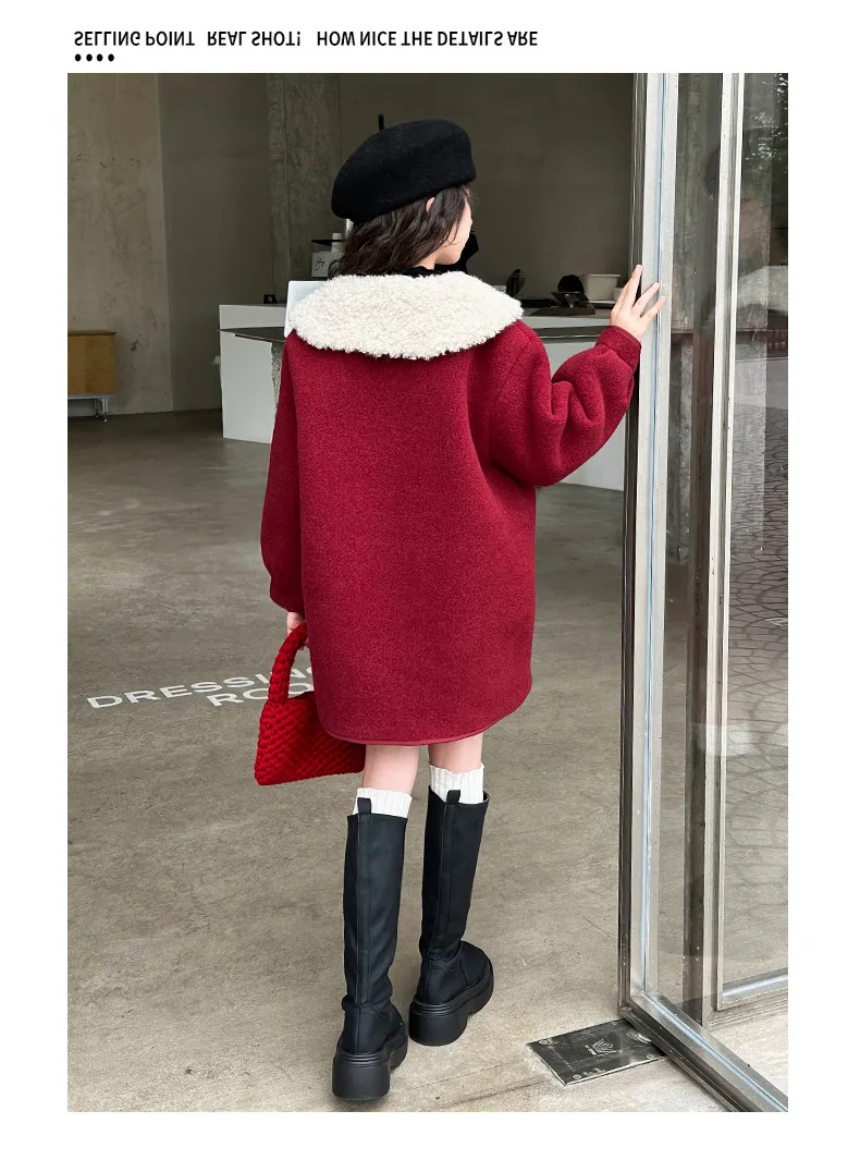 Красное пальто для девочек на осень и зиму плюс флисовое утепленное шерстяное 2024