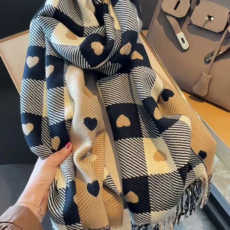 

Double Sided Women Knitted Heart-pattern Plaid Scarves Lovey Girl Long Tassel College Casual Shawl Wraps Winter Scarf