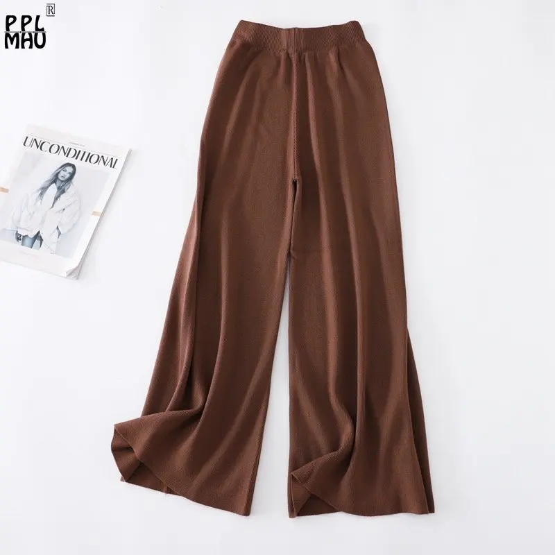 Winter Casual Baggy Pantalones Korean High Waist Knitwear Ankle-length Trousers Button Lace Up Knitted Wide Leg Pants For Women