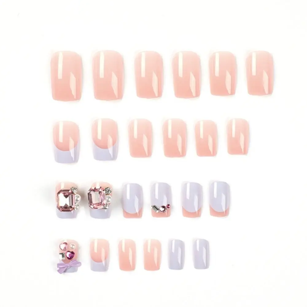 

24pcs French Detachable Full Cover Manicure Fake Nails Purple Rhinestone Long Square False Nails
