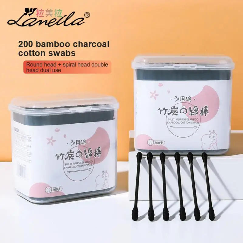 

200PCS Double Head Cotton Swab Bamboo Charcoal Sticks Disposable Buds Cotton Swabs Makeup Nose Ears Cleaning Health Care Tools