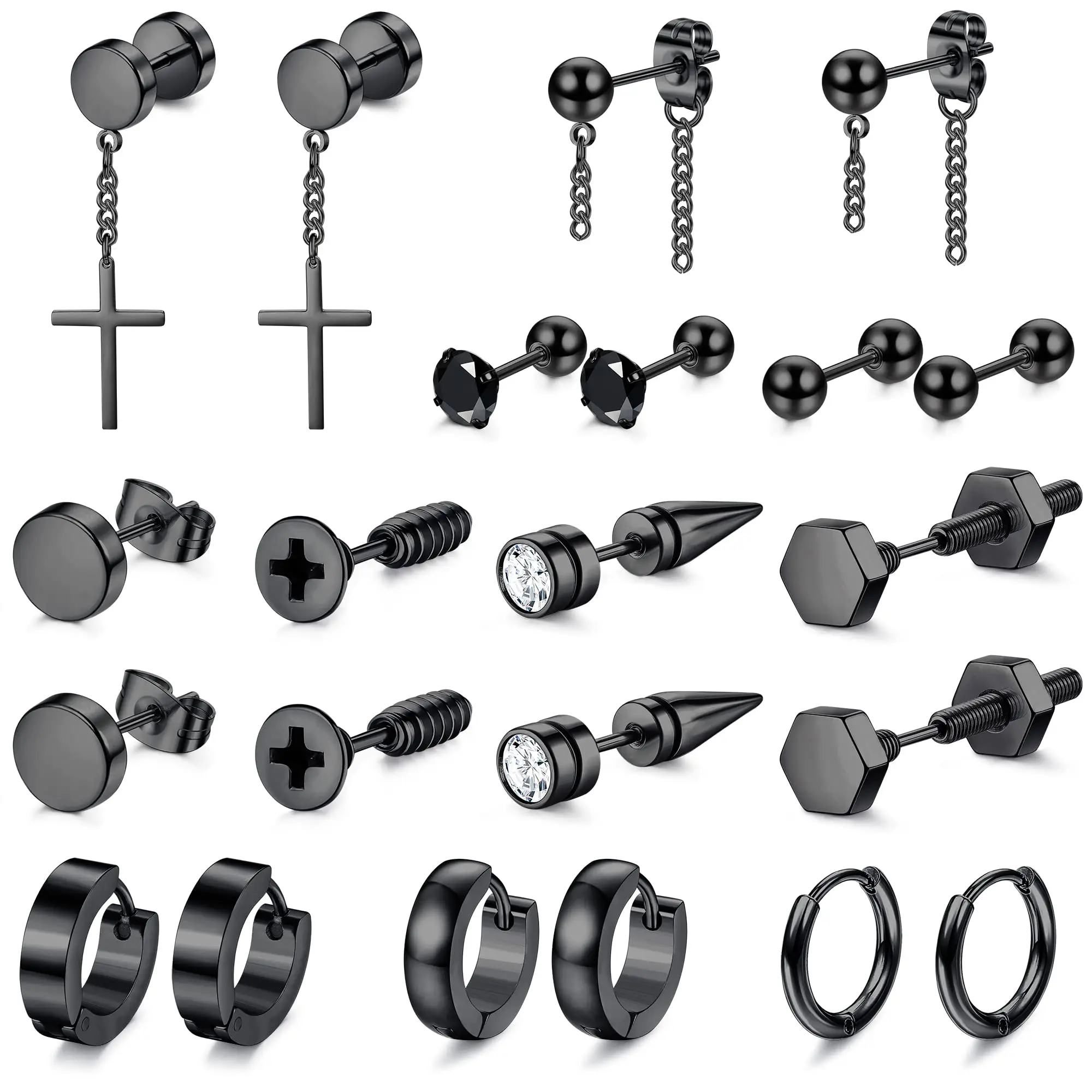 

22Pcs Black Stud Earrings For Men Women Stainless Steel Cross Chain Hoop Dangle Earrings Set Jewelry Piercings Kpop Earrings