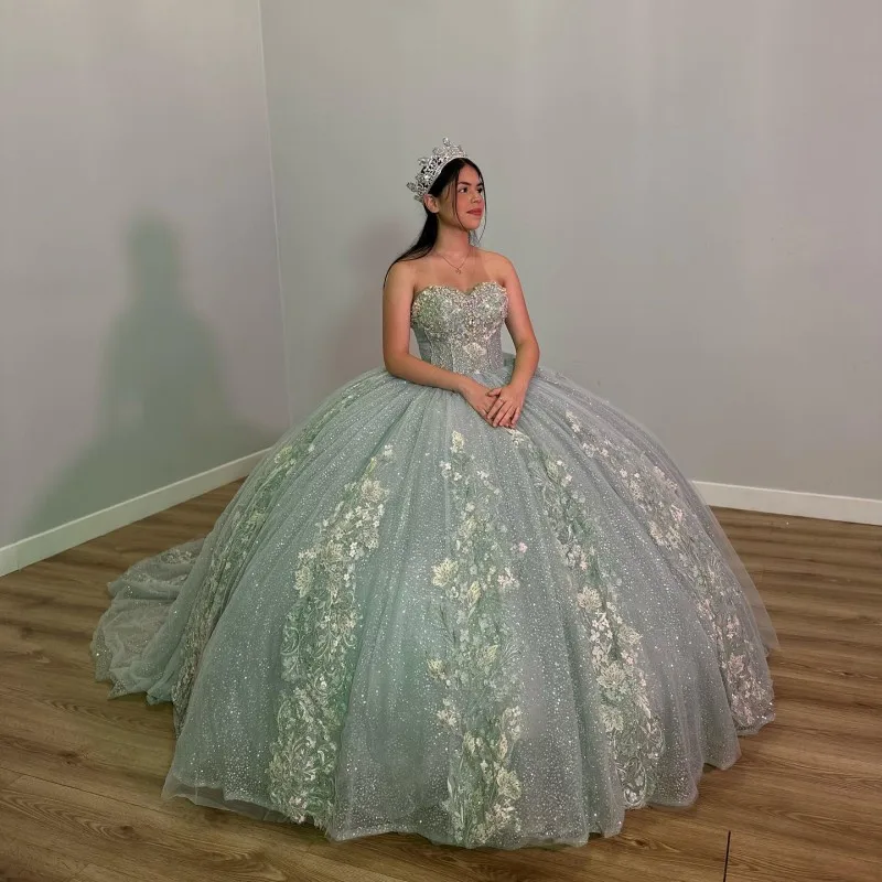 Фото Зеленое милое платье с открытыми плечами в стиле Quinceanera, женское платье из фатина на шнуровке с аппликацией, милое платье 15 16, бальные платья Gw №3