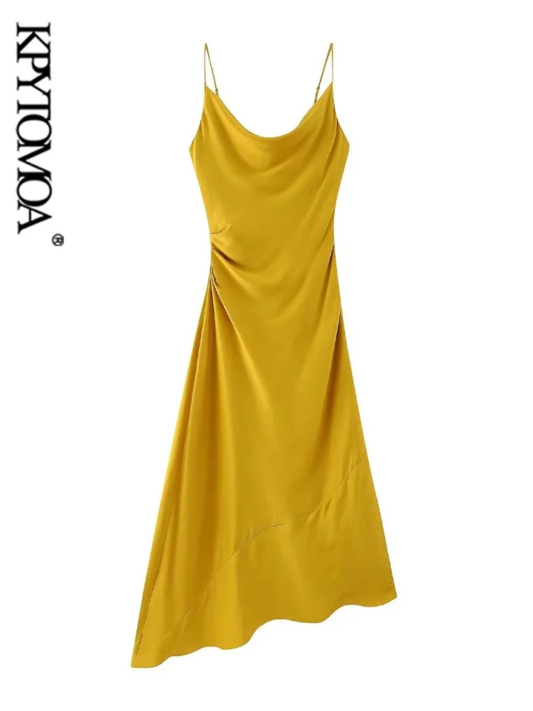 

KPYTOMOA Women Fashion Side Pleats Asymmetric Midi Dress Vintage Flowing Neck Thin Straps Female Dresses Vestidos Mujer