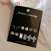 6pairsset stud earrings for women geometric love heart vintage earring rhinestone flower cross studs personality jewelry female