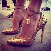 gold serpentine buckle pumps female pointed toe lock ankle wrap high stiletto heel party shoes for women customized ladies pumps